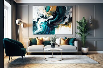 Modern living room interior with white sofa, armchair, coffee table, potted plant and abstract painting on the wall