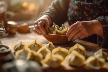Meticulous female hands engaged in the preparation of manti, a beloved culinary masterpiece of Asian origin. An embodiment of Asian gastronomy. Generative AI - obrazy, fototapety, plakaty