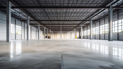 Obraz premium A large empty warehouse with lots of windows. Generative AI.