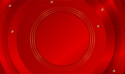 Abstract Red circle metallic background design with golden stripes and spheres balls. Metal background with circular brushed texture. Concentric rings technology backdrop. Luxury cover design. Vector 