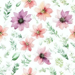 Vintage Pink Flowers on White Background Seamless Repeating Tile Floral Pattern Watercolor-Style Illustration [Generative AI]