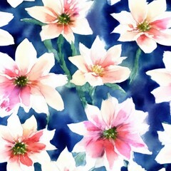 Pink and Peach Flowers on Dark Blue Background Seamless Repeating Tile Floral Pattern Watercolor-Style Illustration [Generative AI]
