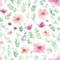 Foto op Aluminium Pressed Pink Flowers and Greenery on White Backdrop Seamless Repeating Tile Floral Pattern Watercolor-Style Illustration [Generative AI] © Visionarily