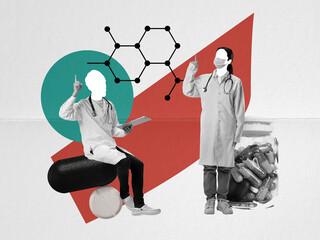 Doctors, scientists working on developments new meds, pills. Prevention of illness, treatment of hard virus diseases. Contemporary art collage. Concept of medicine, health care, profession, hospital