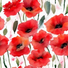 Poppies on White Background, Seamless Poppy Flowers Repeating Tile Floral Pattern Watercolor-Style Illustration [Generative AI]