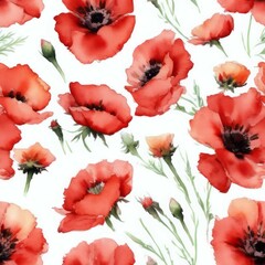 Red Poppy Flowers on White Background Seamless Repeating Tile Poppies Floral Pattern Watercolor-Style Illustration [Generative AI] - obrazy, fototapety, plakaty