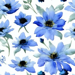 Blue Flowers on White Background Seamless Repeating Tile Floral Pattern Watercolor-Style Illustration [Generative AI]