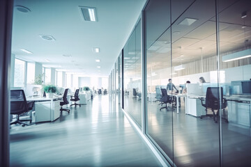 Modern open space office interior with blurred business people. Modern bright minimalistic architecture office corporate building. Generative AI