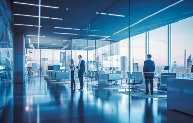 Fototapeta na wymiar Modern open space office interior with blurred business people. Modern bright minimalistic architecture office corporate building. Generative AI