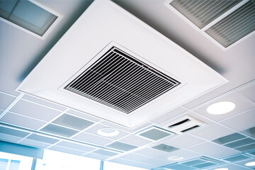 Obraz premium Modern mechanical heat recovery unit system for mechanical ventilation system mounted on ceiling. Generative AI
