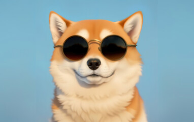 Cute Dog Shiba Inu with Sunglasses,Colorful Blue Background, AI-Generated Image