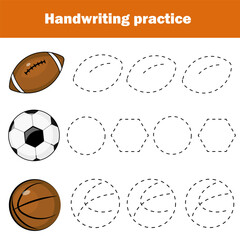 Obraz premium Handwriting practice sheet. Educational children game, printable worksheet for kids. Writing training printable worksheet. Sports theme.