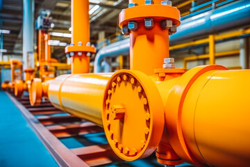 Oil or gas pipe lines valves. Oil and gas extraction process. Equipment cables and piping a modern factory fuel building. Generative AI