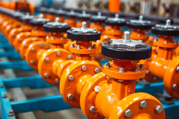 Obraz premium Oil or gas pipe lines valves. Oil and gas extraction process. Equipment cables and piping a modern factory fuel building. Generative AI