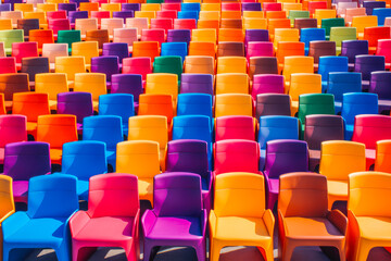 Naklejka premium Rows of colorful chairs. Many colorful chairs pattern. Generative AI