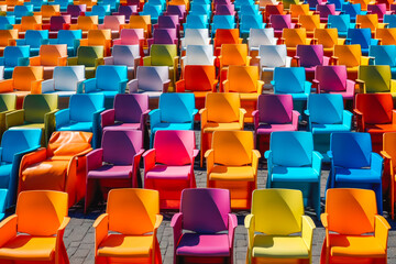 Naklejka premium Rows of colorful chairs. Many colorful chairs pattern. Generative AI