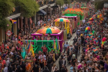mardi gras parade, with floats and marching band, making its way through the streets, created with generative ai - obrazy, fototapety, plakaty