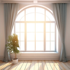 Sunny Modern Empty Interior With Arched Window. Transparent Glass. Room Mockup. Ai Generative