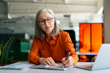 Confident mature woman, writer  using laptop computer, taking notes, working project in modern office. 60 years old female, financier working at workplace. Successful business - obrazy, fototapety, plakaty