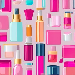 seamless pattern on the theme of cosmetic and perfume, lacquers, lipstick, powder, generated AI
