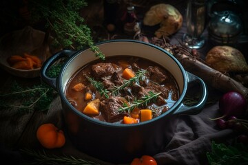 Hungarian braised venison stew with vegetables and herbs in a savory sauce, served in a designer Dutch oven. Generative AI - obrazy, fototapety, plakaty
