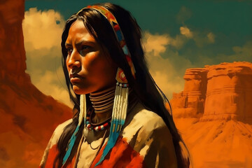 portrait of native american indian woman art, Generative AI - obrazy, fototapety, plakaty