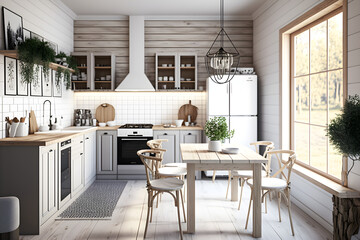 Scandinavian contemporary style kitchen with eating area and simplistic rustic wood accents. 3d rendering  - obrazy, fototapety, plakaty