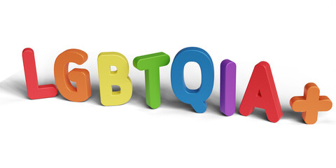 3D illustration of the word LGBTQIA+ with shadow. Theme for celebrating LGBT pride month.