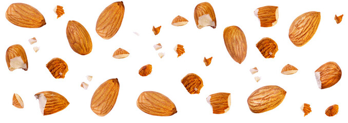 almond Closeup and full almond fly on white isolated with clipping path or piece side view almond...