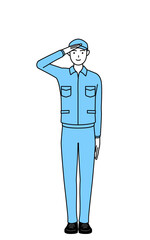 最敬礼する帽子と作業着姿の男性