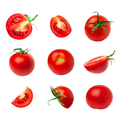 Fresh ripe cut out tomatoes. Collection of red tomatoes isolated on white background. With clipping path. Whole vegetables and chopped halves. Healthy vegan organic food. Mockup Object for design