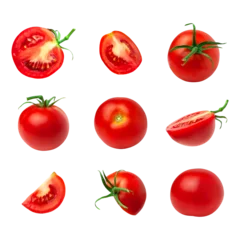 Fotobehang Fresh ripe cut out tomatoes. Collection of red tomatoes isolated on white background. With clipping path. Whole vegetables and chopped halves. Healthy vegan organic food. Mockup Object for design © olgaarkhipenko
