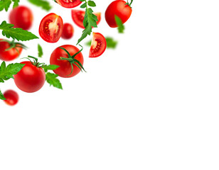Flying cut out red ripe juicy tomatoes and green leaves isolated on white background. With clipping path. Healthy vegan organic food, vegetable, cherry tomatoes. Creative food concept. Tomatoes patter
