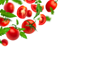 Flying cut out red ripe juicy tomatoes and green leaves isolated on white background. With clipping path. Healthy vegan organic food, vegetable, cherry tomatoes. Creative food concept. Tomatoes patter