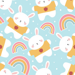 Teddy Bear Seamless Pattern Background, Happy cute bear with apple tshirt, Cartoon Panda Bears Vector illustration for kids soft background with dots