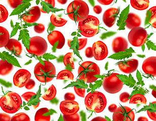 Tomatoes pattern. Creative food concept. Red ripe juicy cut out tomatoes with green tail isolated on white background. With clipping path. Healthy vegan organic food, vegetable, cherry tomatoes, summe