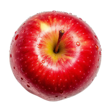 One red apple with water drops close up. Apple top view. Isolated on a transparent background. KI.