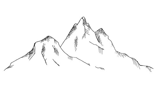 Mountains. Mountainous sketch. Hilly landscape hand-drawn. Tourism, travel, nature, life style. Line art.  illustration