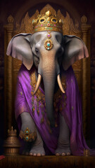 An elephant with a crown sitting on a throne. Generative AI.