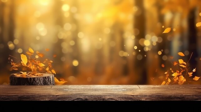 Leerer Holztisch im Herbstwald mit herbstlich gef&auml;rbten Bl&auml;ttern und Bokeh Hintergrund, Platz f&uuml;r Text oder Produkte, Generative AI