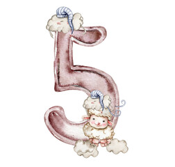 Watercolor hand drawn numbers and fluffy sheep composition. Illustration of a numbers. Perfect for scrapbooking, kids design, wedding invitation, posters, greetings cards, party decoration.