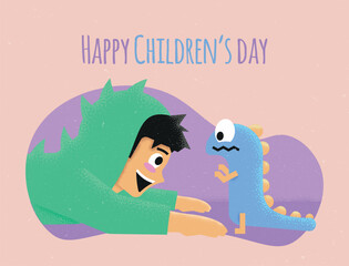illustration of a child playing with toy dinosaur, children s day, grainy texture, international children, kids design, world children, children
