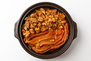 Pork aged kimchi steamed dish on white background
