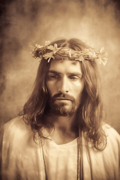portrait of Jesus Christ with long hair and beard, wearing a white robe and a crown of thorns, Generative AI