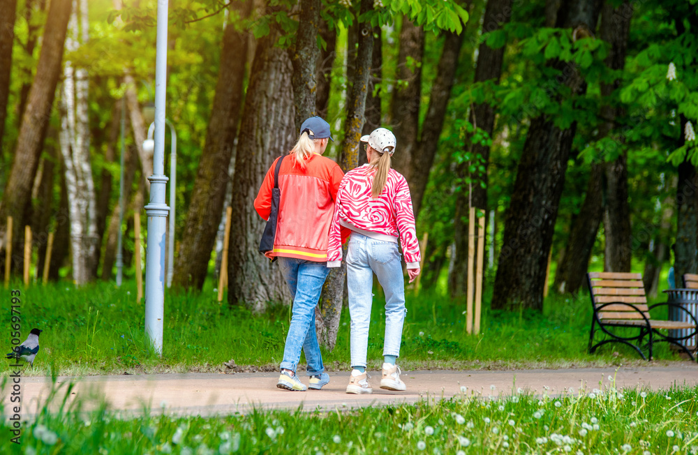 Wall mural Two girlfriends walk along a path in the Park
