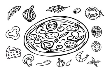 pizza set, round pizza with ingredients doodle hand drawn in cartoon style, comic isolated on white background. 