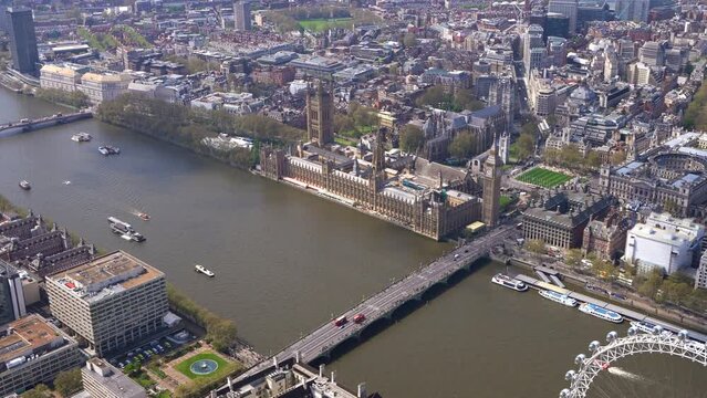Aerial View of Millbank, The Houses of Parliament, Horse Guards Parade and Buckingham Palace. London UK.