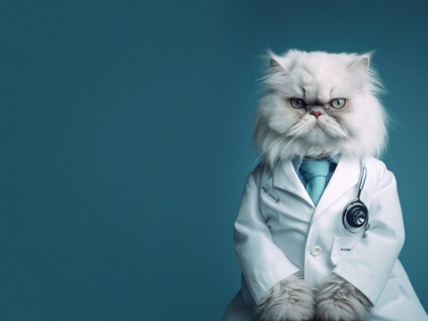 An anthropomorphic persian cat dressed as doctor  hyper-realistic,the doctor is shown proudly in his uniform, sophistication medicine specialty with the tenderness of a feline,copy space,Generative AI