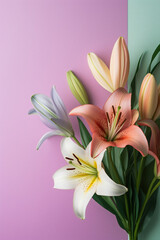 Fototapeta premium Beautiful close-up of vibrant lily flowers on a colored background, made with generative AI