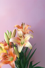 Beautiful close-up of vibrant lily flowers on a colored background, made with generative AI